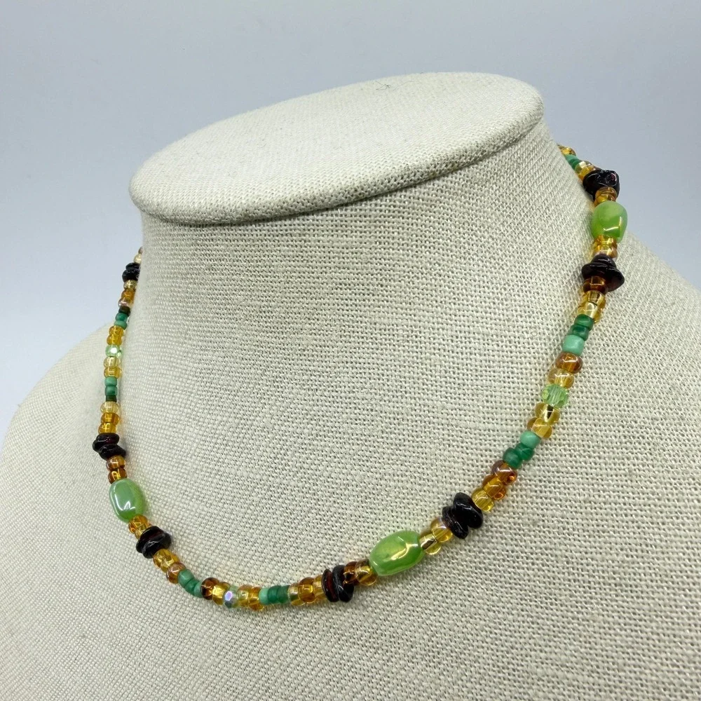 Necklace Vintage Green Amber Tone Glass Beaded Cottagecore Boho Statement Chain